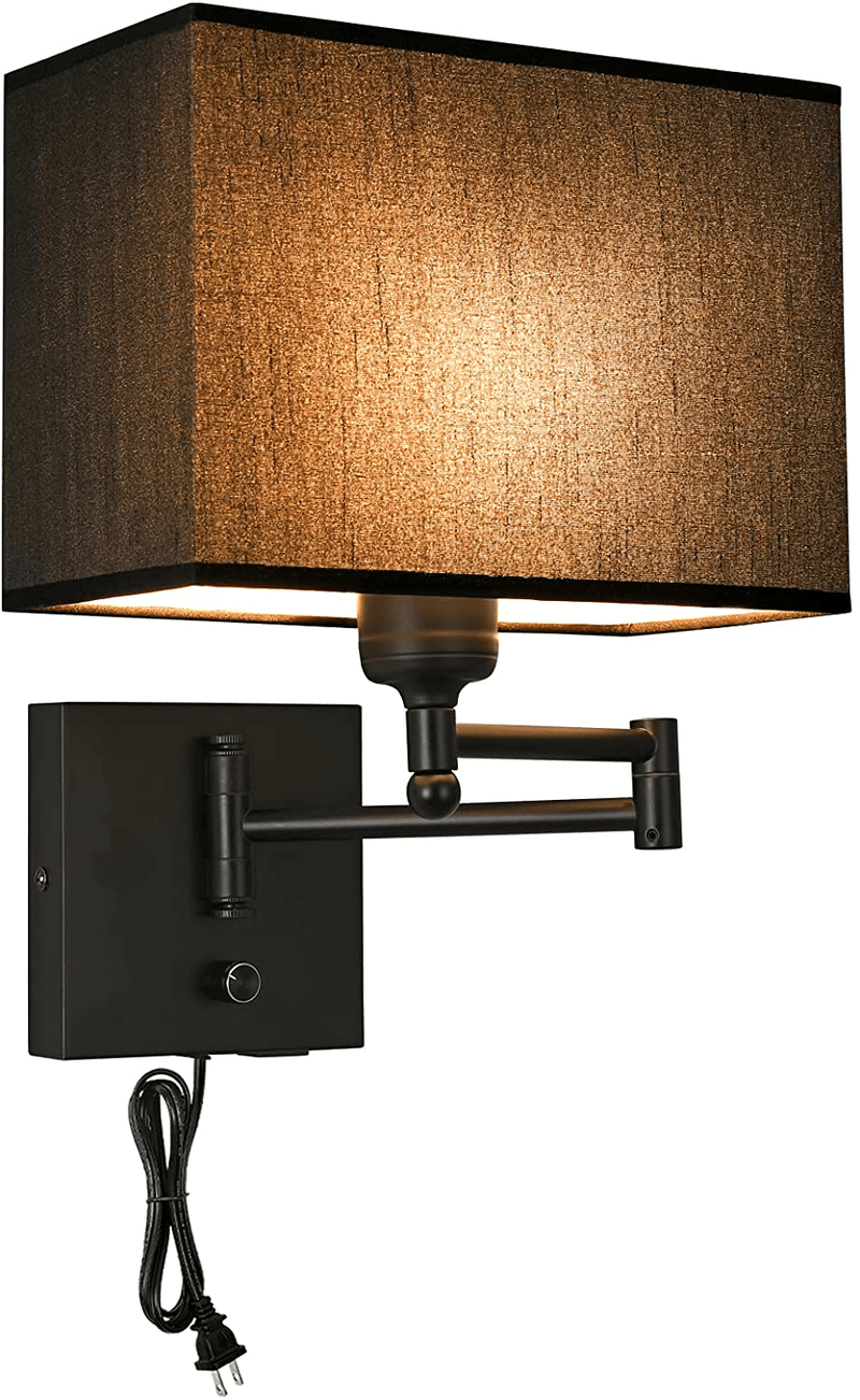 Wall Lamp 9.5Inch, Wall Sconce with Dimmer Switch and USB Port, Swing Arm Wall Lamp with Plug in Cord, Wall Light with Black Fabric Shade Brings Mystical Atmosphere to Bedroom, Living Room, Nurse Room