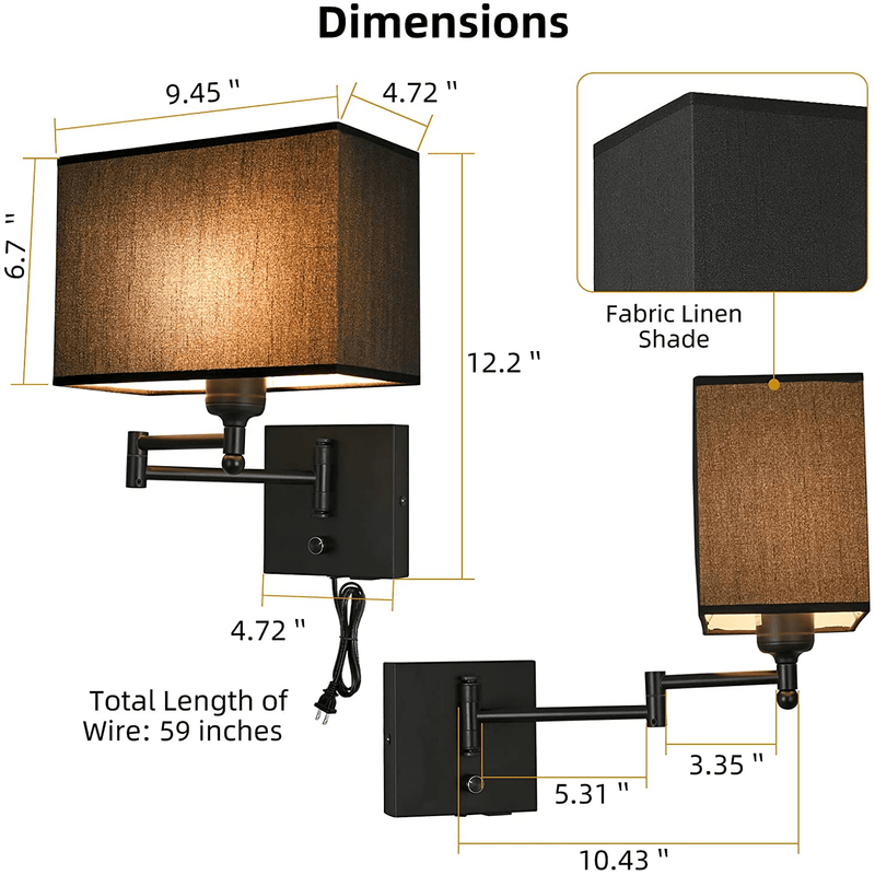 Wall Lamp 9.5Inch, Wall Sconce with Dimmer Switch and USB Port, Swing Arm Wall Lamp with Plug in Cord, Wall Light with Black Fabric Shade Brings Mystical Atmosphere to Bedroom, Living Room, Nurse Room Home & Garden > Lighting > Lighting Fixtures > Wall Light Fixtures KOL DEALS   