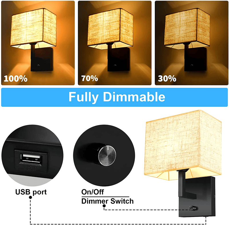 Wall Lamp with Dimmer Switch and USB Port, Wall Lamp with Plug in Cord, Wall Sconce Contemporary, Plug in Wall Sconces with Fabric Shade, Brings Warm and Cozy Feel, Wall Lamps for Bedroom Living Room Home & Garden > Lighting > Lighting Fixtures > Wall Light Fixtures KOL DEALS   