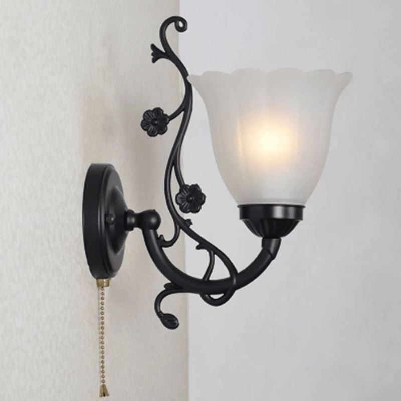 Wall Lamp with Pull Chain Switch E27 Simple LED Living Room Staircase Balcony Wall Sconces Bedroom Bed Lamp Glass Lampshade Home & Garden > Lighting > Lighting Fixtures > Wall Light Fixtures KOL DEALS   