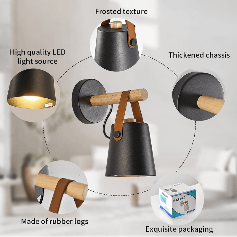 Wall Lamps for Bedroom Indoor Wall Sconces Set of 2 Black Modern Wooden Wall Lighting Fixture E26 Base for Nightstand or Farmhouse Aisle Corridor