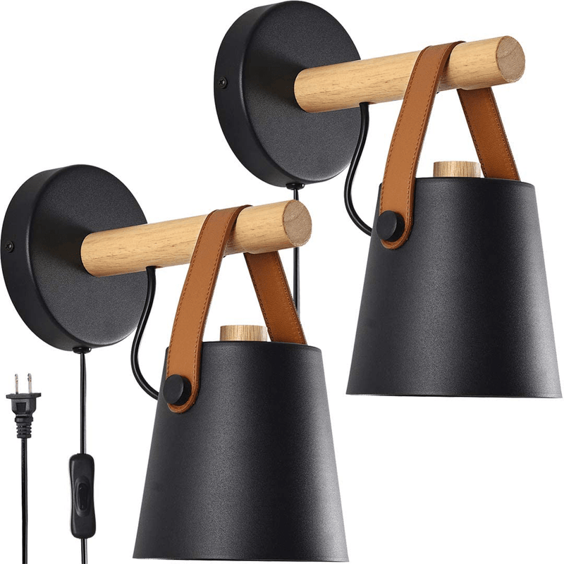 Wall Lamps for Bedroom Set of 2 Indoor Plug in Wall Sconces with Switch and U.S. Plug Wire Black Modern Wooden Wall Lighting Fixture Free Bulbs E26 Base for Nightstand or Farmhouse Aisle Corridor