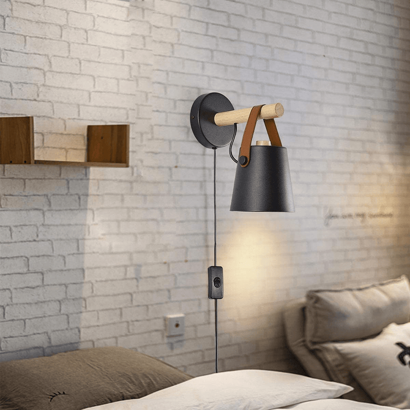 Wall Lamps for Bedroom Set of 2 Indoor Plug in Wall Sconces with Switch and U.S. Plug Wire Black Modern Wooden Wall Lighting Fixture Free Bulbs E26 Base for Nightstand or Farmhouse Aisle Corridor