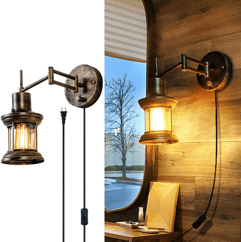 Wall Light Fixture, FLOURIM UL Farmhouse Dimmable Swing Arm Wall Lamp Hardwire or Plug in Wall Sconce Rustic Vintage Bedside Reading Lamp with On/Off Switch Cord for Kitchen Bedroom Living Room(1Pack)
