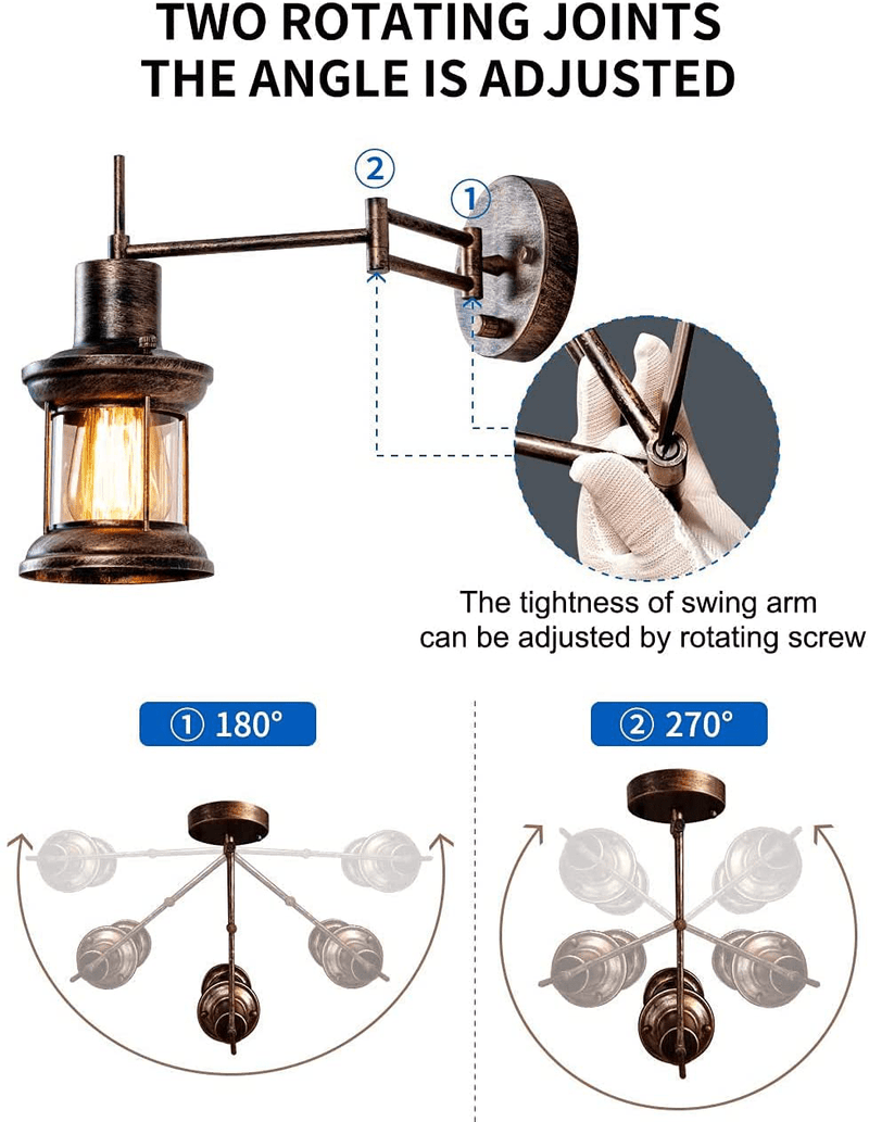 Wall Light Fixture, FLOURIM UL Farmhouse Dimmable Swing Arm Wall Lamp Hardwire or Plug in Wall Sconce Rustic Vintage Bedside Reading Lamp with On/Off Switch Cord for Kitchen Bedroom Living Room(1Pack)