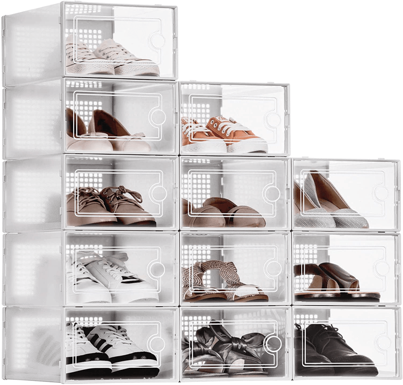 WALL QMER Shoe Boxes Clear Plastic Stackable, 12 Pack Shoe Storage 13 X 9 X 5.5In, Shoe Organizer with Lids, Sturdy, Easy to Install, Front Opening Shoe Holder Containers, Storage Box for Multi-Use Furniture > Cabinets & Storage > Armoires & Wardrobes WALL QMER White  