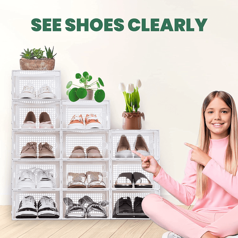 WALL QMER Shoe Boxes Clear Plastic Stackable, 12 Pack Shoe Storage 13 X 9 X 5.5In, Shoe Organizer with Lids, Sturdy, Easy to Install, Front Opening Shoe Holder Containers, Storage Box for Multi-Use