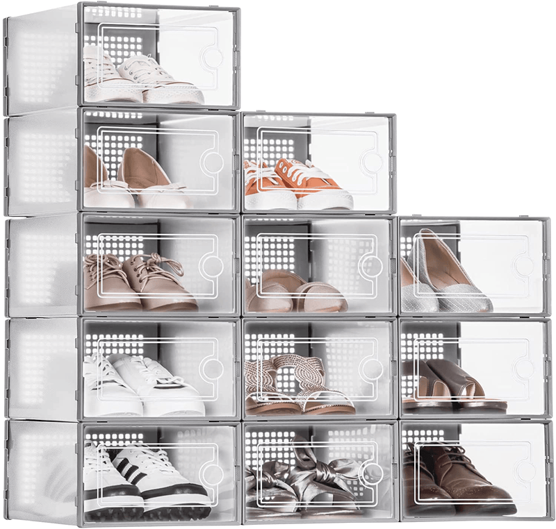 WALL QMER Shoe Boxes Clear Plastic Stackable, 12 Pack Shoe Storage 13 X 9 X 5.5In, Shoe Organizer with Lids, Sturdy, Easy to Install, Front Opening Shoe Holder Containers, Storage Box for Multi-Use Furniture > Cabinets & Storage > Armoires & Wardrobes WALL QMER Gray  