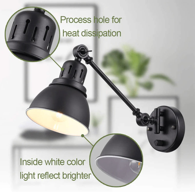 Wall Sconce Plug In, YEEQIAN Black Swing Arm Wall Sconce Lamp Bedroom Wall Mounted Reading Light Fixture with On/Off Switch Industrial Adjustable Wall Sconce Light
