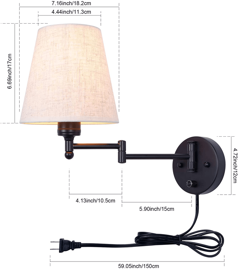 Wall Sconces 7 Inch, Wall Lamp with Plug in Cord, Plug in Wall Sconce with Dimmer Switch, Wall Lights with Fabric Linen Shade, Wall Lamps for Bedroom, Wall Light Fixtures Reading Room and Hotel.