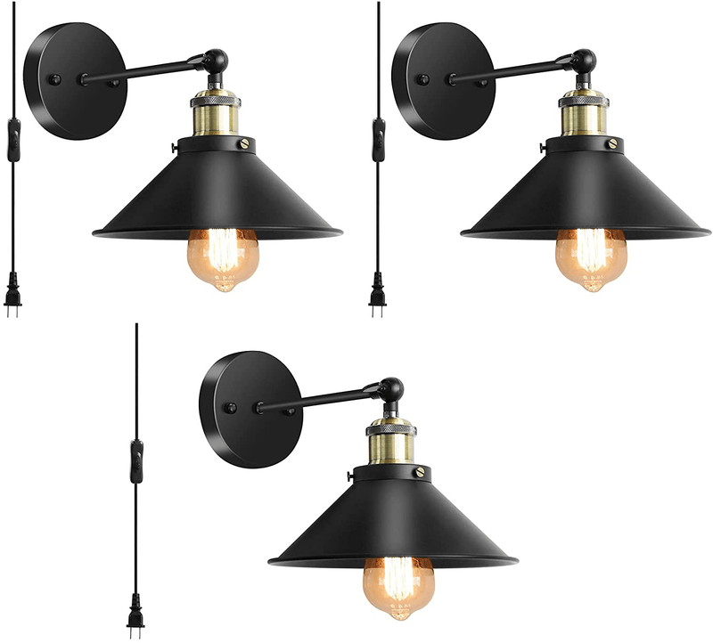 Wall Sconces Lighting Set of 3, Vintage Industrial Wall Lamp with Plug in Cord On/Off Switch, Swing Arm Wall Mounted Bedside Lamps for Bathroom Bedroom Porch Kitchen Living Room