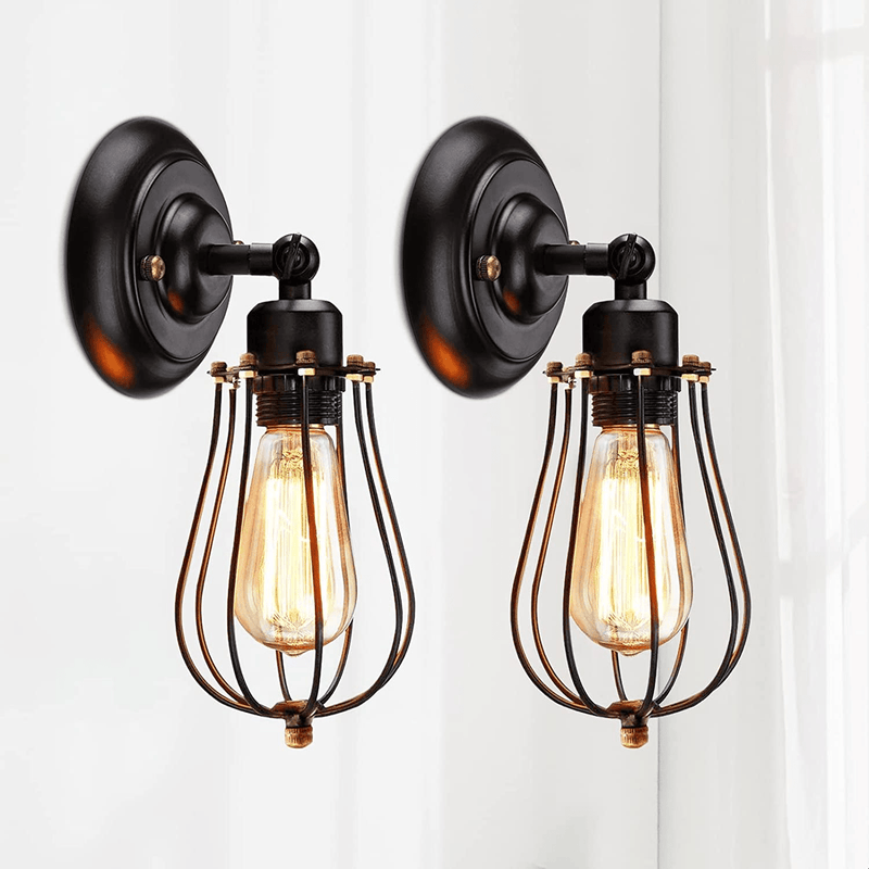 Wall Sconces Set of 2, Vintage Wire Cage Wall Lamp 240° Adjustable Black Hard Wire Industrial Wall Light Fixtures for Farmhouse Bathroom Mirror Bedroom Headboard Porch Garage
