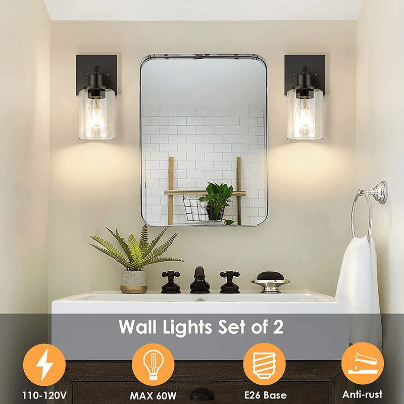 Wall Sconces Set of Two, Matte Black Vanity Lights for Bathroom, Modern Wall Light Fixtures, Metal Sconces Wall Lighting with Clear Glass Shade, Farmhouse Wall Lamp for Bedroom Mirror Living Room