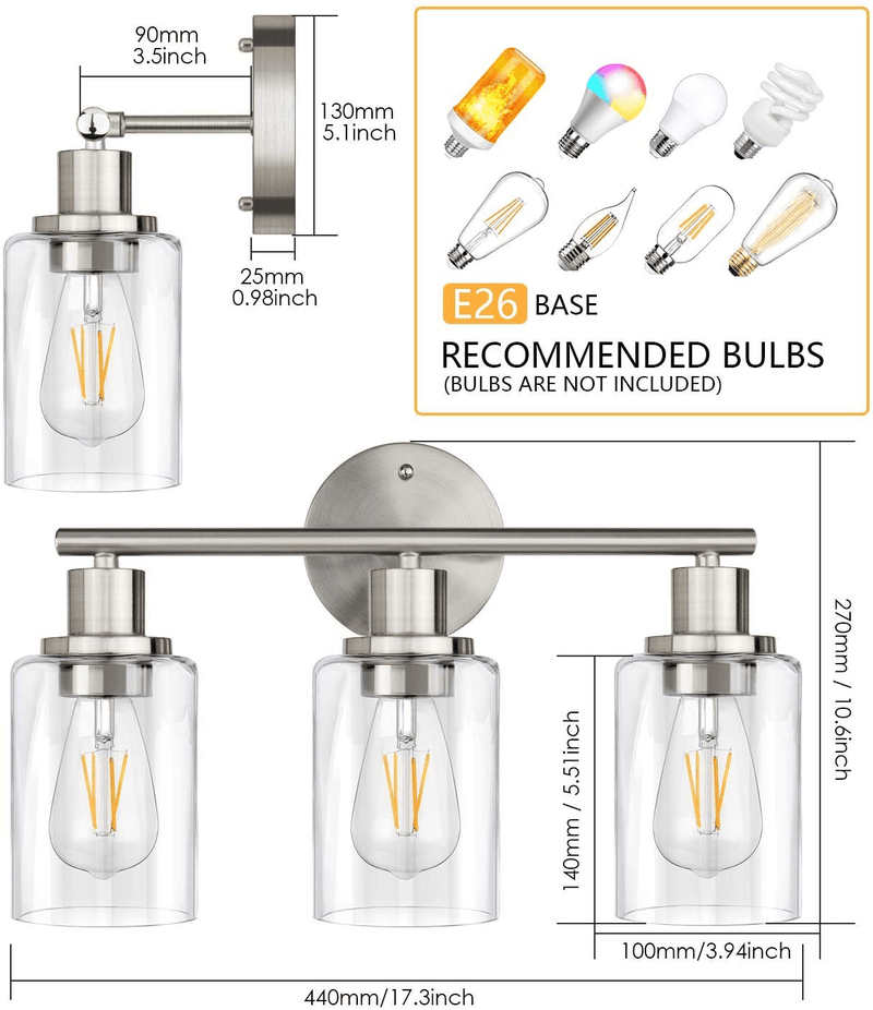 Wall Vanity Light Fixture, 3-Light Wall Sconce Lighting Brushed Nickel, Modern Bathroom Lights with Clear Glass Shade, Vintage Porch Wall Lamp for Mirror Kitchen Living Room Workshop (E26 Base) Home & Garden > Lighting > Lighting Fixtures > Wall Light Fixtures KOL DEALS   