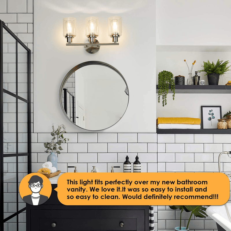 Wall Vanity Light Fixture, 3-Light Wall Sconce Lighting Brushed Nickel, Modern Bathroom Lights with Clear Glass Shade, Vintage Porch Wall Lamp for Mirror Kitchen Living Room Workshop (E26 Base) Home & Garden > Lighting > Lighting Fixtures > Wall Light Fixtures KOL DEALS   