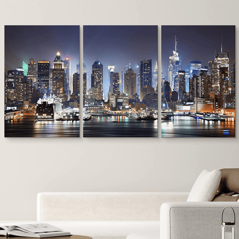 Wall26 Canvas Print Wall Art Set Vibrant NYC Manhattan Skyline at Night Nature Wilderness Photography Realism Rustic Scenic Colorful Travel Ultra for Living Room, Bedroom, Office - 16"X24"X3 Panels Home & Garden > Decor > Artwork > Posters, Prints, & Visual Artwork wall26   