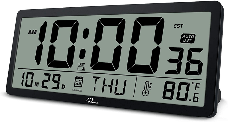 WallarGe Auto Set Large Digital Wall Clock - 14 Inches Oversize Battery Operated Desk Clock with Temperature, Date and Second Large Display,Auto DST,Great Clocks for Seniors,Living Room and Office Home & Garden > Decor > Clocks > Wall Clocks WallarGe Black  