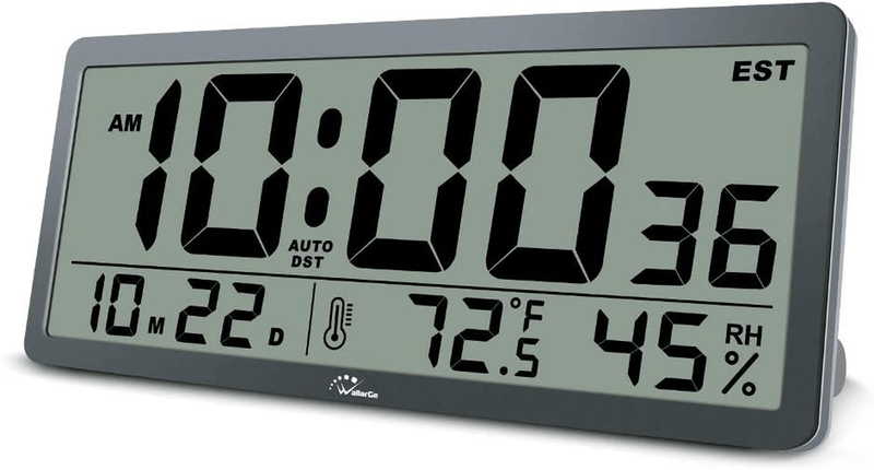 WallarGe Auto Set Large Digital Wall Clock - 14 Inches Oversize Battery Operated Desk Clock with Temperature, Date and Second Large Display,Auto DST,Great Clocks for Seniors,Living Room and Office Home & Garden > Decor > Clocks > Wall Clocks WallarGe Gray  
