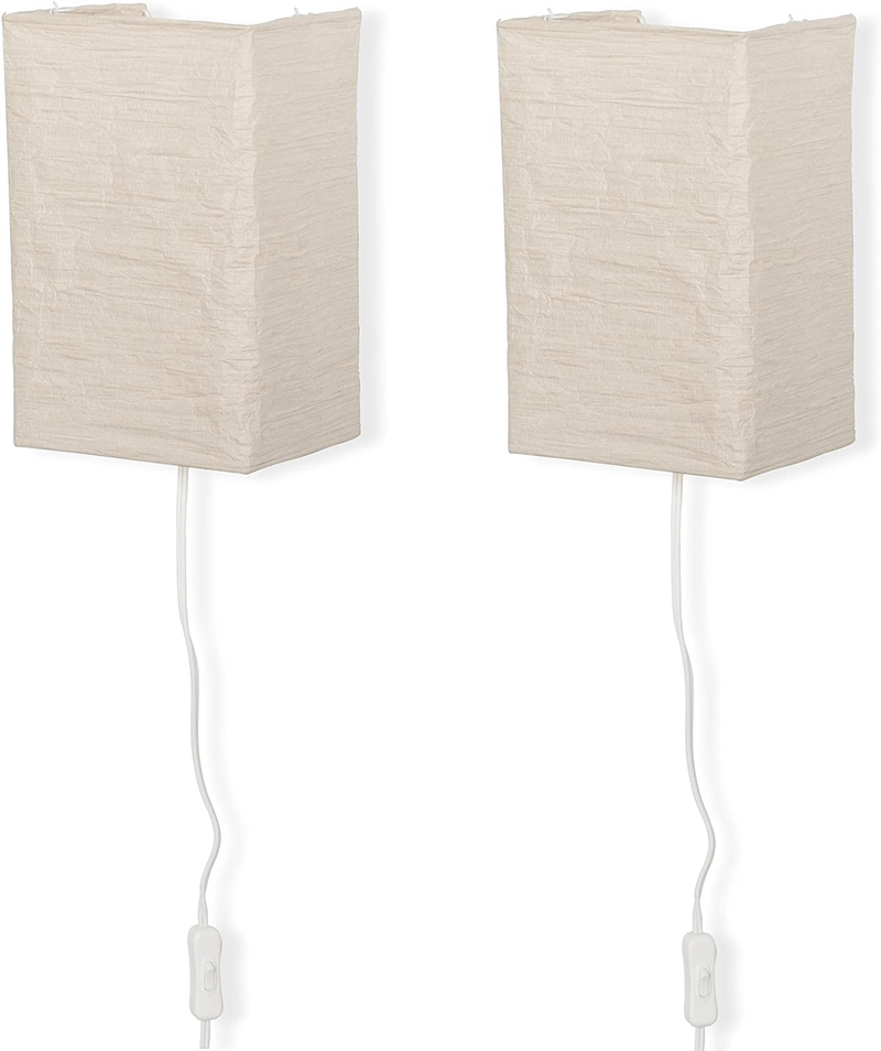 Wallniture Asian Wall Lamp with Toggle Switch, Living Room Decor Rice Paper Lamp Shade with Light Bulbs, Cream Set of 2
