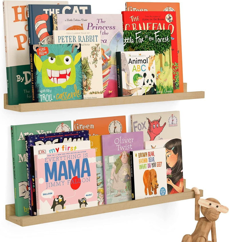 Wallniture Denver Wall Bookshelf for Kids Room, 24" Floating Shelves for Wall Storage, Natural Wood Picture Ledge Shelf Set of 2