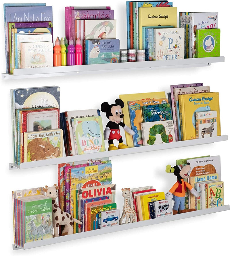 Wallniture Metallo Floating Shelves for Wall, 46" Kids Bookshelf for Toddler Toys, Nursery Room Decor, White Picture Ledge Aluminum Rust Free Material Set of 3