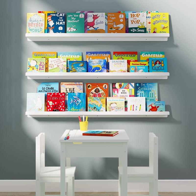Wallniture Metallo Floating Shelves for Wall, 46" Kids Bookshelf for Toddler Toys, Nursery Room Decor, White Picture Ledge Aluminum Rust Free Material Set of 3 Furniture > Shelving > Wall Shelves & Ledges Wallniture   