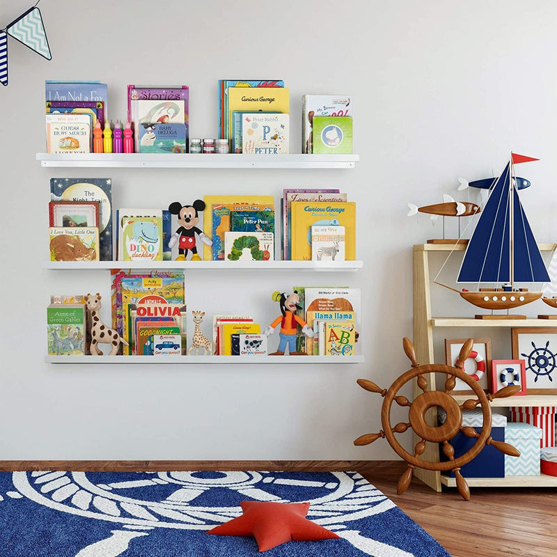 Wallniture Metallo Floating Shelves for Wall, 46" Kids Bookshelf for Toddler Toys, Nursery Room Decor, White Picture Ledge Aluminum Rust Free Material Set of 3