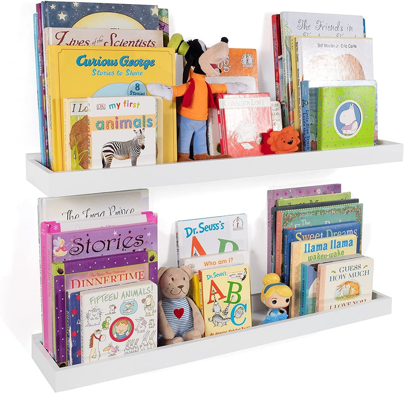 Wallniture Philly Nursery Bookshelf - Floating Book Shelves for Kids Room - 31 Inch Picture Ledge Book Tray Toy Storage Display White Set of 2 Furniture > Shelving > Wall Shelves & Ledges Fasthomegoods   