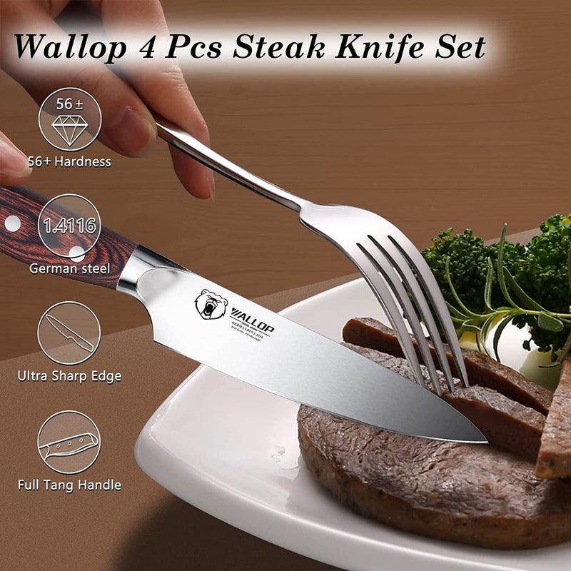 WALLOP Senior Steak Knife Set - 4 Piece Steak Knife 5 Inch Straight Edge Steak Knife Non Serrated, High Carbon German Stainless Steel Kitchen Knife, Pakkawood Handle Ergonomics Design - Jane Series