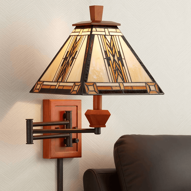 Walnut Mission Collection Tiffany Style Swing Arm Wall Lamp Wood Plug-In Light Fixture Dimmable Stained Glass for Bedroom Bedside House Reading Living Room Home Hallway Dining - Robert Louis Tiffany Home & Garden > Lighting > Lighting Fixtures > Wall Light Fixtures KOL DEALS   