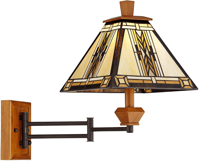 Walnut Mission Collection Tiffany Style Swing Arm Wall Lamp Wood Plug-In Light Fixture Dimmable Stained Glass for Bedroom Bedside House Reading Living Room Home Hallway Dining - Robert Louis Tiffany Home & Garden > Lighting > Lighting Fixtures > Wall Light Fixtures KOL DEALS   