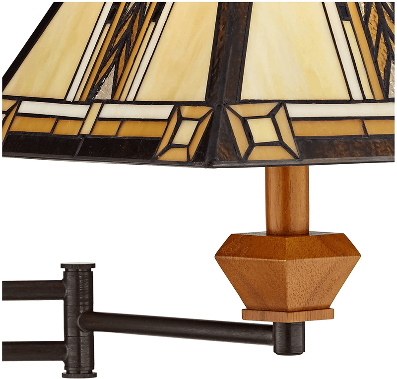 Walnut Mission Collection Tiffany Style Swing Arm Wall Lamp Wood Plug-In Light Fixture Dimmable Stained Glass for Bedroom Bedside House Reading Living Room Home Hallway Dining - Robert Louis Tiffany