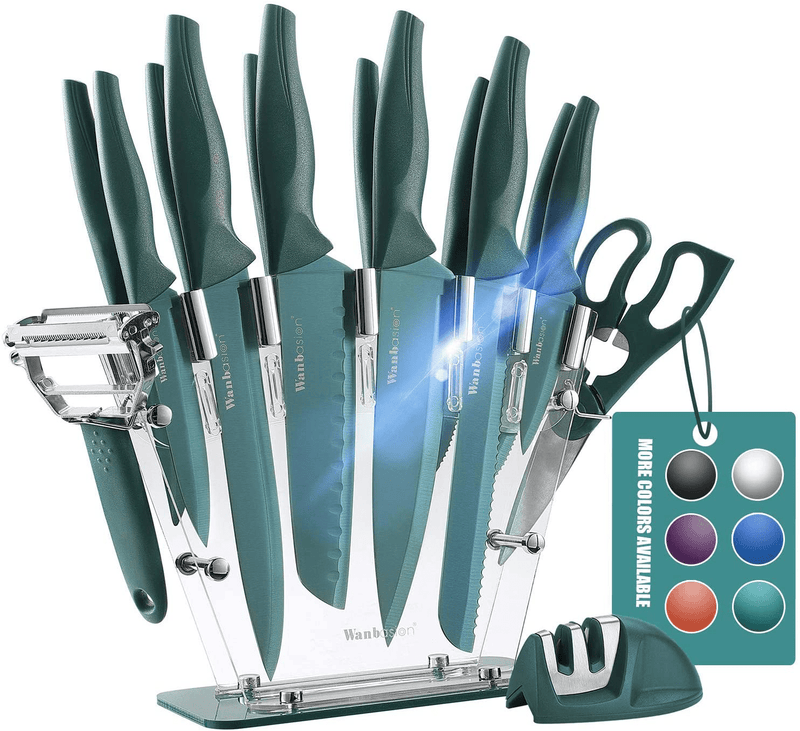 Wanbasion 16 Pieces Kitchen Knife Set Dishwasher Safe, Professional Chef Kitchen Knife Set, Kitchen Knife Set Stainless Steel with Knife Sharpener Peeler Scissors Acrylic Block Home & Garden > Kitchen & Dining > Kitchen Tools & Utensils > Kitchen Knives Wanbasion Green  