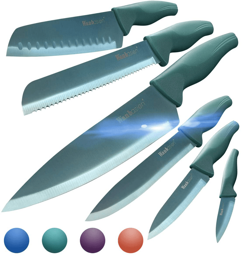 Wanbasion Blue Professional Kitchen Knife Chef Set, Kitchen Knife Set Stainless Steel, Kitchen Knife Set Dishwasher Safe with Sheathes