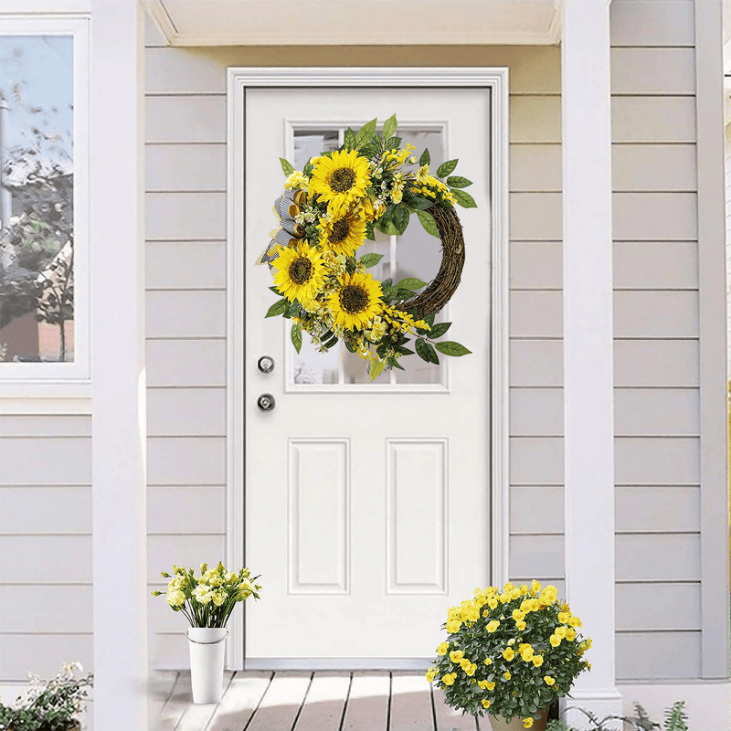 WANNA-CUL 18 Inch Spring Summer Artificial Sunflower Wreath for Front Door,Yellow Decorative Fall Autumn Floral Door Wreath with Daisy,Green Leaves and Linen Ribbon for Wall or Home Decoration Home & Garden > Plants > Flowers WANNA-CUL   