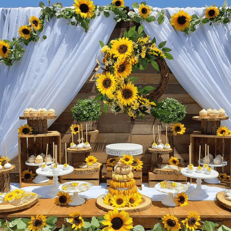 WANNA-CUL 18 Inch Spring Summer Artificial Sunflower Wreath for Front Door,Yellow Decorative Fall Autumn Floral Door Wreath with Daisy,Green Leaves and Linen Ribbon for Wall or Home Decoration Home & Garden > Plants > Flowers WANNA-CUL   