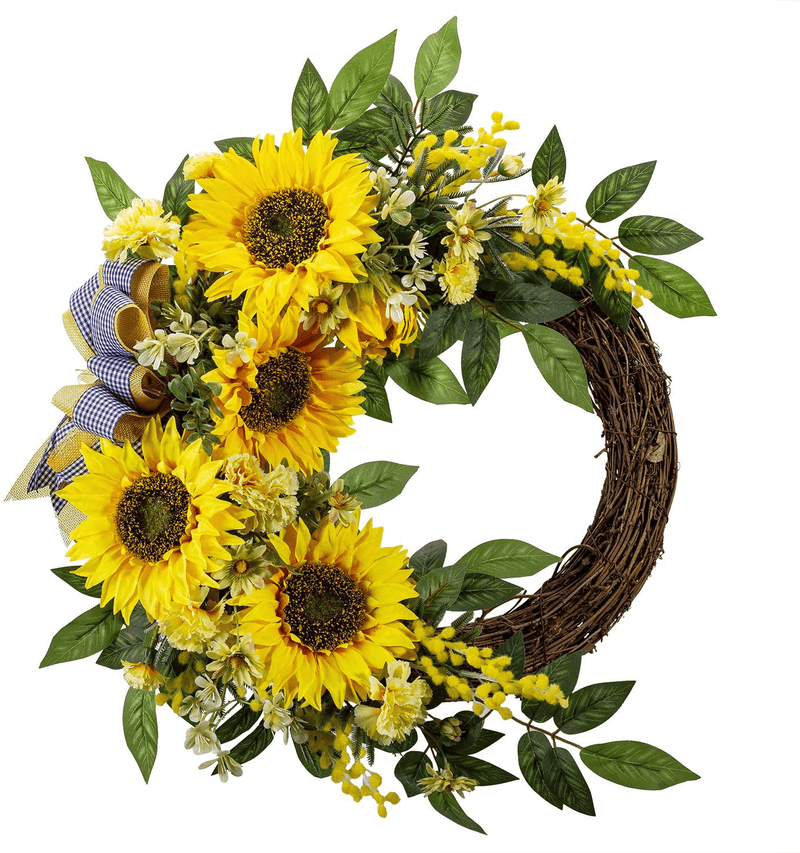 WANNA-CUL 18 Inch Spring Summer Artificial Sunflower Wreath for Front Door,Yellow Decorative Fall Autumn Floral Door Wreath with Daisy,Green Leaves and Linen Ribbon for Wall or Home Decoration Home & Garden > Plants > Flowers WANNA-CUL Default Title  