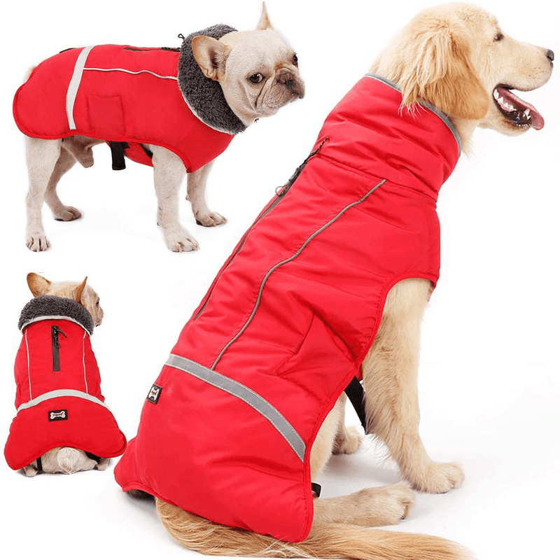 Warm Dog Coat Reflective Dog Winter Jacket，Waterproof Windproof Dog Turtleneck Clothes for Cold Weather, Thicken Fleece Lining Pet Outfit，Adjustable Pet Vest Apparel for Small Medium Large Dogs Animals & Pet Supplies > Pet Supplies > Dog Supplies > Dog Apparel QBLEEV Red Medium（Pack of 1） 