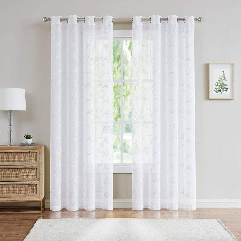 Warm Home Designs Pair of 2 Sheer White Faux-Linen Short Size Curtain Panels with Beautiful White Color Stitched Leaf Embroidery. Each Grommet Drape Is 54" (Width) X 63" (Length). M White 63" Home & Garden > Decor > Window Treatments > Curtains & Drapes Warm Home Designs   