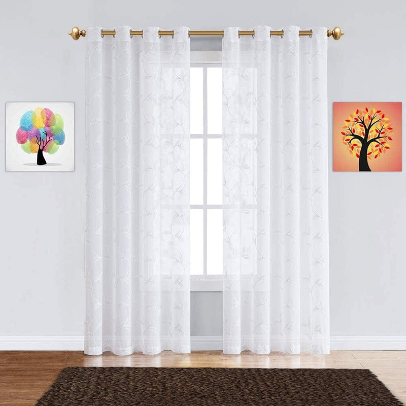 Warm Home Designs Pair of 2 Sheer White Faux-Linen Short Size Curtain Panels with Beautiful White Color Stitched Leaf Embroidery. Each Grommet Drape Is 54" (Width) X 63" (Length). M White 63" Home & Garden > Decor > Window Treatments > Curtains & Drapes Warm Home Designs   