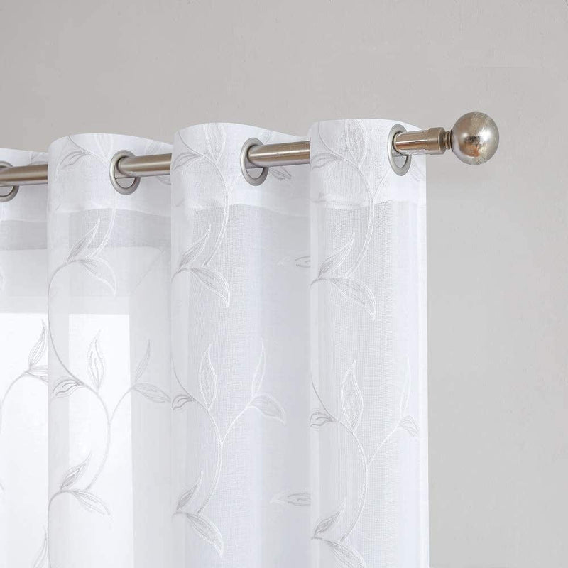 Warm Home Designs Pair of 2 Sheer White Faux-Linen Short Size Curtain Panels with Beautiful White Color Stitched Leaf Embroidery. Each Grommet Drape Is 54" (Width) X 63" (Length). M White 63"