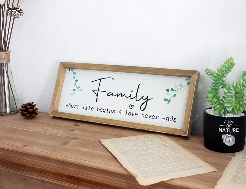 Wartter 16.2X6.4 Inches Family Wood Framed Wall Sign with Inspirational Quotes - Family Where Life Begins & Love Never Ends (Family)