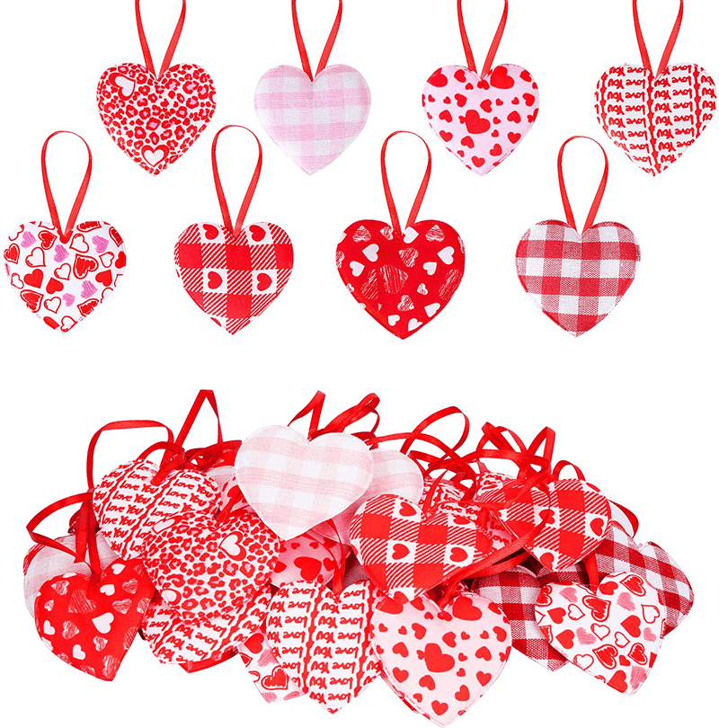 Watayo 48PCS Valentine'S Day Buffalo Plaid Heart Ornaments-Fabric Heart Shape Baubles Hanging Ornaments for Valentines Day Wedding Party Decoration DIY Crafts