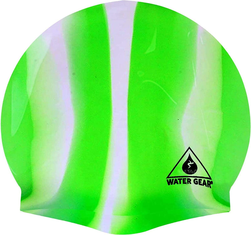 Water Gear Silicone Adult Swim Cap - Flexible Unisex Waterproof - Great for Short and Long Hair - Improve Your Performance - Women Men and Teens -Triathlon Swimmers and Athletes Sporting Goods > Outdoor Recreation > Boating & Water Sports > Swimming > Swim Caps Water Gear GREEN/WHITE  