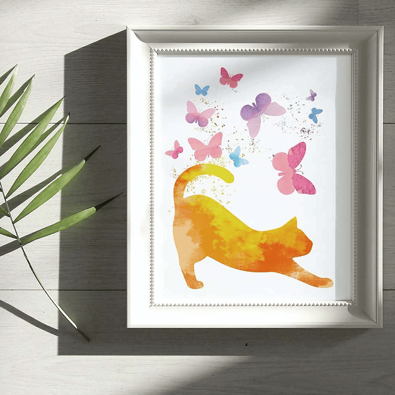 Watercolor Cat with Colorful Butterfly Art Print, Set of 4(8”X10”) Watercolor Animals Poster Painting for Home Decor, Cat Gift for Girl Daughter Granddaughter Niece Cat Lover, Unframed Home & Garden > Decor > Artwork > Posters, Prints, & Visual Artwork IIILUYOT   