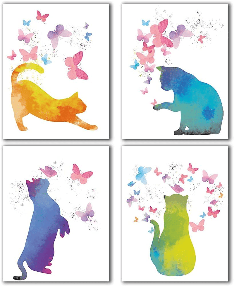 Watercolor Cat with Colorful Butterfly Art Print, Set of 4(8”X10”) Watercolor Animals Poster Painting for Home Decor, Cat Gift for Girl Daughter Granddaughter Niece Cat Lover, Unframed Home & Garden > Decor > Artwork > Posters, Prints, & Visual Artwork IIILUYOT   