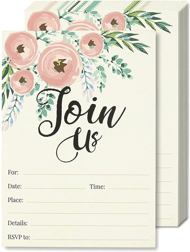 Watercolor Join Us Invitation Cards - 50 Fill-In Floral Classy Invites with Envelopes for Kids Birthday, Bridal Shower, Wedding, 5 x 7 Inches, Postcard Style Arts & Entertainment > Party & Celebration > Party Supplies > Invitations Juvale Default Title  