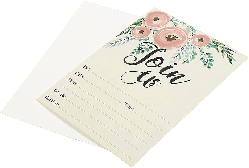 Watercolor Join Us Invitation Cards - 50 Fill-In Floral Classy Invites with Envelopes for Kids Birthday, Bridal Shower, Wedding, 5 x 7 Inches, Postcard Style Arts & Entertainment > Party & Celebration > Party Supplies > Invitations Juvale   