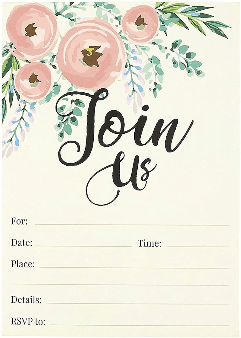 Watercolor Join Us Invitation Cards - 50 Fill-In Floral Classy Invites with Envelopes for Kids Birthday, Bridal Shower, Wedding, 5 x 7 Inches, Postcard Style Arts & Entertainment > Party & Celebration > Party Supplies > Invitations Juvale   