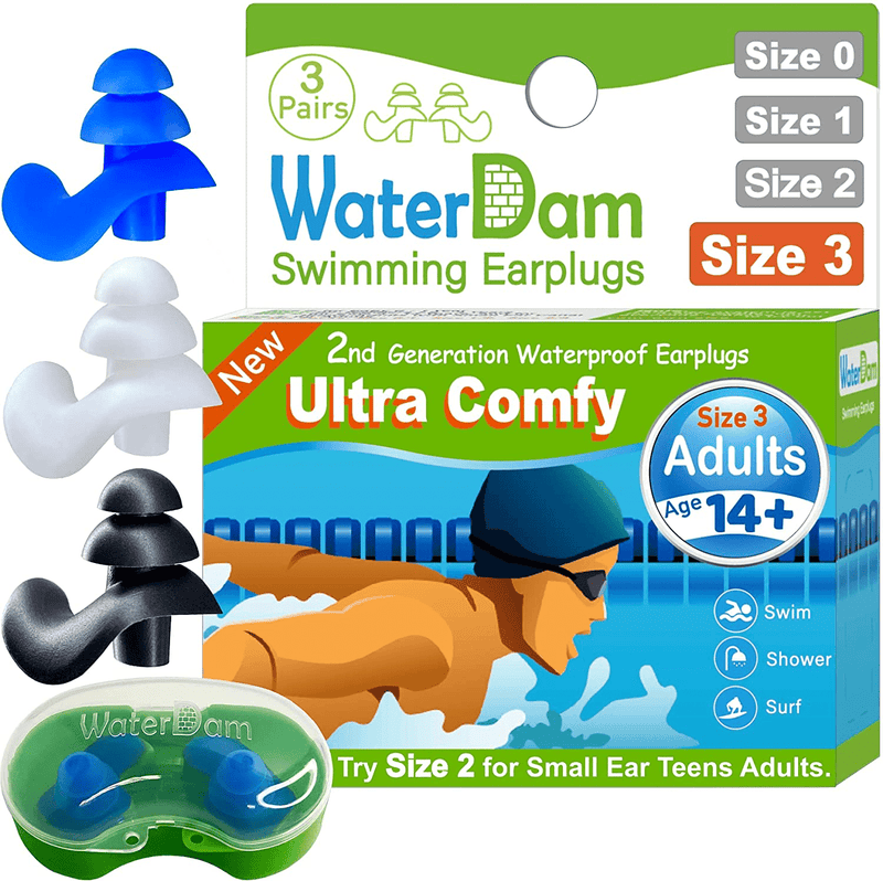 WaterDam Swimming Ear Plugs Great Waterproof Ultra Comfy Earplugs Prevent Swimmer's Ear Sporting Goods > Outdoor Recreation > Boating & Water Sports > Swimming WaterDam Size 3: Adults & Teens 14+ (White Blue Black)  